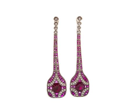 PAIR OF RUBY AND DIAMOND EARRINGS, art deco style, with a large panel drop set with a central cushion shaped ruby and further