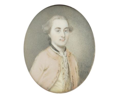 JEREMIAH LACON (BRITISH, FL. 1740-1760)Portrait miniature of a gentleman wearing a pale red coat signed and dated 'J Lacon 17