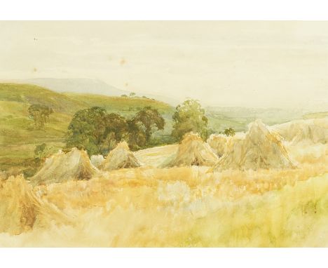 FRANK DICKSEE (BRITISH, 1853-1828)Corn stooks in a valley watercolour 23 x 34cm  Provenance Frank Dicksee; Bequeathed to Herb