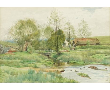 FRANK DICKSEE (BRITISH, 1853-1828)Farm buildings and a bridge through fenland dated '77' (lower left) watercolour 17 x 25cm  
