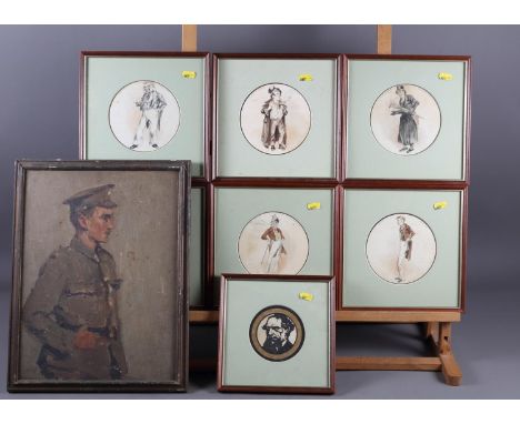 Seven watercolours, fictional characters, including "Dick Swiveller", 5 1/2" dia, in circular mounts and strip frames, a port