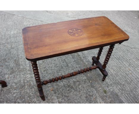 A mahogany rectangular side table with box line and marquetry top, on bobbin turned stretchered supports, 33" wide x 16" deep