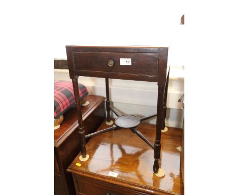 A mahogany lamp table, fitted one drawer, on square supports united by an undertier, 14" wide x 20" deep x 20" high 