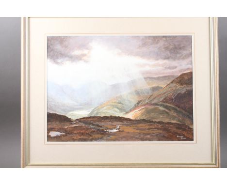 P Austen Brown: bodycolours, "Place Fell - Autumn Light", Lakeland landscape, 11" x 15 1/4", in strip frame,ÿMaggie Rigle?: w