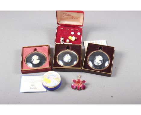 An orchid brooch, three Peter Bates miniature cameos, in original boxes, a Royal Doulton 100 Birthday HM The Queen Mother ena