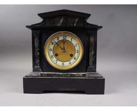 A slate and marble mantel clock with white enamelled dial and Arabic numerals, on plinth base, 12" high 