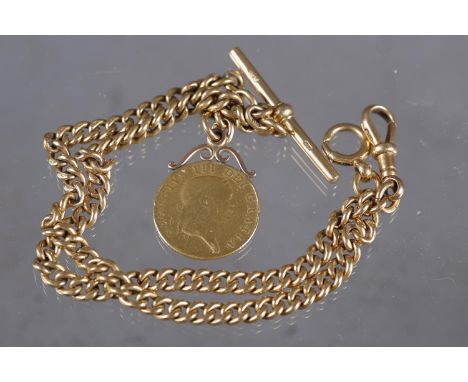 An 18ct gold double Albert watch chain, mounted with a George III gold guinea, dated 1813, 68.3g grossCondition:The chain is 