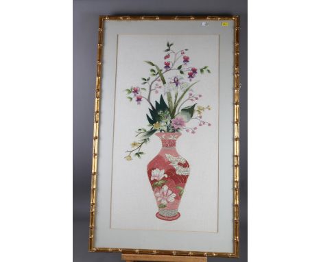 A Japanese woodblock print of a boat, in silver strip frame, a Chinese print of bamboo, in ebonised frame, and an Oriental st