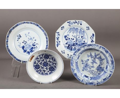 A Chinese blue and white dish with floral and scrolled decoration with seal mark to base, 7 1/2" dia, two similar shaped edge