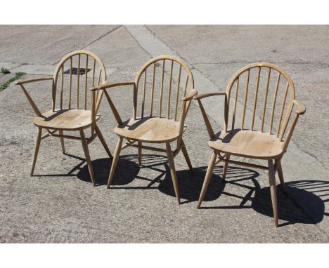 Three Ercol stick back elbow chairs (stripped) 