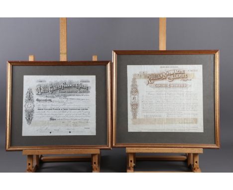 Two Russian share certificates and two Chinese share certificates, all in matching gilt strip frames, and an indenture, in st