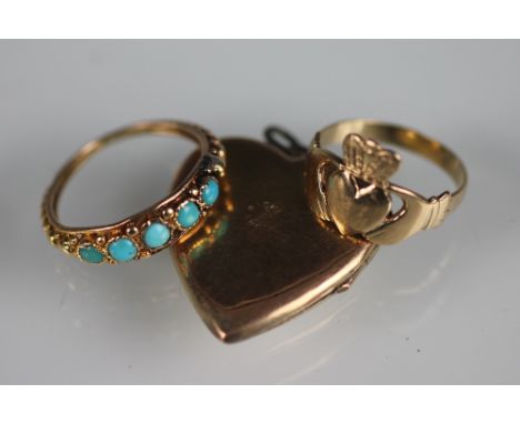 A Victorian five stone turquoise ring, all set in yellow metal, unmarked along with a gold token ring, formed as hands holdin