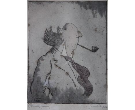 W Weatherley,
ething,
portrait of a gentleman smoking a pipe,
signed and dated 1945 and named E. Hartley Mooney to the left c