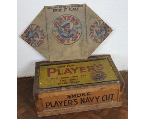 A Players cigaretts vintage pine and cardboard trunk, 30cm H x 82cm W x 50cm D, with a Players Navy Cut folding box (2)