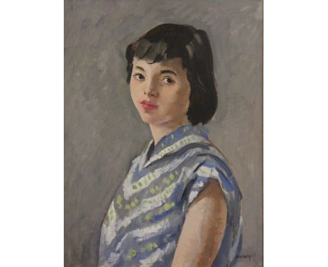 Philip Naviasky (1894-1983)
oil on board,
Portrait of a girl in a blue and white striped dress,
signed lower right,
60cm x 45