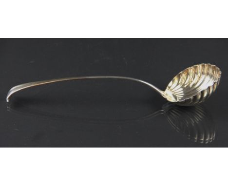 A George III silver ladle, with scroll terminal and shell shaped bowl, London c1770, 34cm 5toz