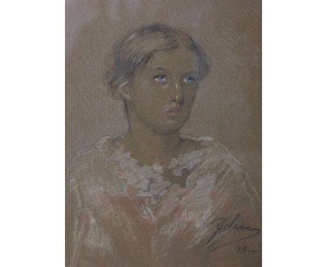 English School - 19th century,
pencil and pastel,
portrait of a lady in a white dress,
indistinctly signed and dated (18)75,
