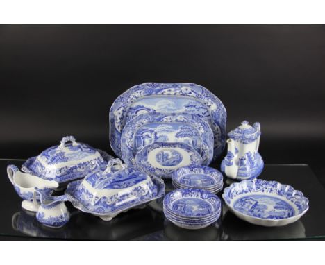 A Spode Tower Pattern part dinner service, comprising two meat plates, two tureens and covers, a fruit bowl, ten dessert bowl
