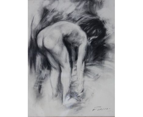 Fierra,
charcoal sketch,
nude bending,
signed lower right,
36cm x 28cm - framed and glazed;
with another pastel portrait of a