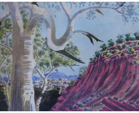 Enos Namatjira,
Australian Aboriginal sketch
watercolour on paper
Eucalyptus tree with Australian landscape beyond
signed in 