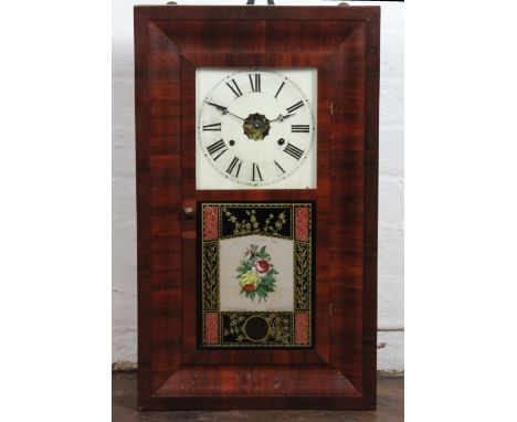 An American 30 hour walnut shelf clock, painted tin dial with Roman numerals and movement striking on a gong, the inside with