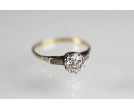 A diamond solitaire ring, the old brilliant cut diamond (measuring approximately 0.75ct), within six claw setting to the bagu