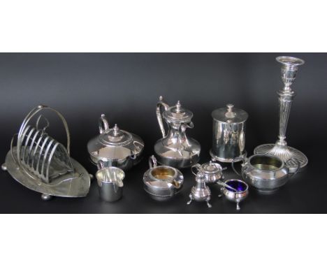 A quantity of silver plated wares, to include; an Adam style candlestick, a four piece James Dixon & Sons tea service, a thre