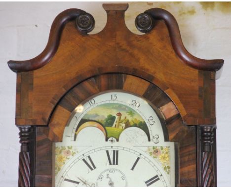 An early 19th century eight day oak and mahogany longcase clock, with 33cm painted dial with roman numerals, date apperture, 