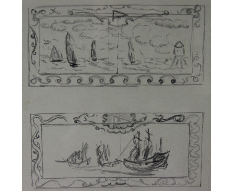 Edward Seago (1910-1974)
two pencil sketches
Sailing ships with buoy & three ships,
from sketch portfolio included mural and 