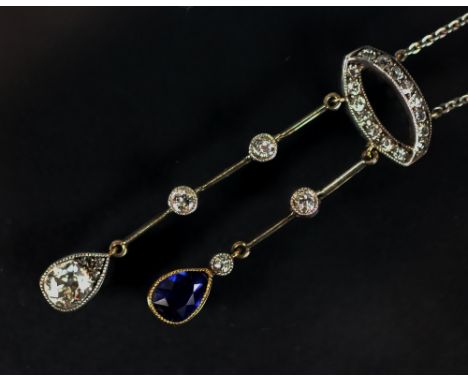 A Belle Epoque sapphire and diamond lavalier necklace circa 1910, designed as a navette shaped panel set with rose cut diamon