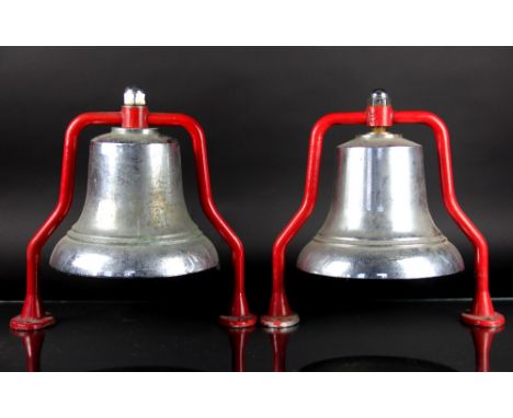 A pair of white metal and red painted brass Shropshire fire engine bells, 36cm
