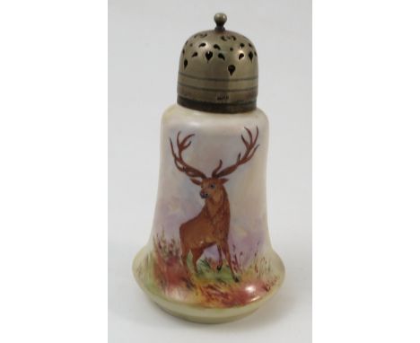 A Locke and Co Worcester porcelain sugar caster, decorated with stag in a landscape by W Stinton to a blush ground, with silv