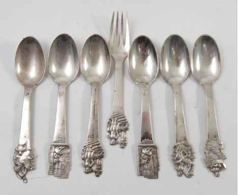 A group of 20th century Danish silver cutlery, to include three single spoons, a pair of spoons and a spoon and matching fork