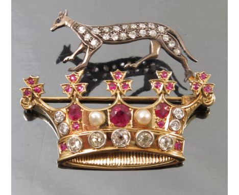 A diamond, ruby and pearl crest brooch, the figure of a dog pave set with old cut diamonds, the twenty diamonds totalling app