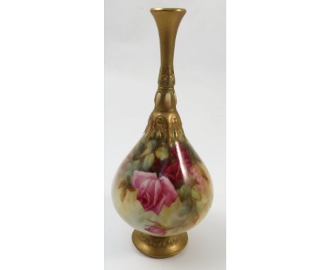 A Royal Worcester bottle neck vase, decorated with hand painted roses by Sedgley, to a gilt neck and circular foot, shape num