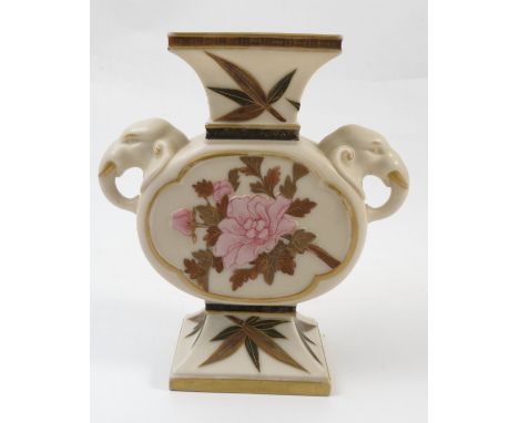 A Royal Worcester gilded ivory vase, of geometric shape, the central ovoid body decorated with a bird to one panel and flower