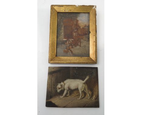 An antique oil on panel, terrier in a barn, 5.75ins x 5.25ins, unframed, together with another antique oil on panel, figures 