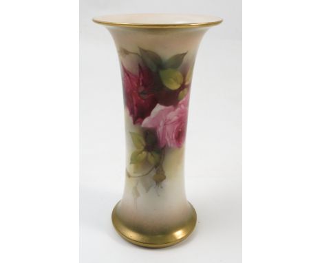 A Royal Worcester trumpet shaped vase, decorated with hand painted roses by A Farley, shape number G923, dated 1917, height 7