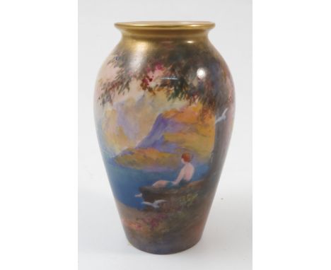 A Royal Worcester vase, decorated with a continental scene of a male figure overlooking a lake, shape number G461, circa 1926