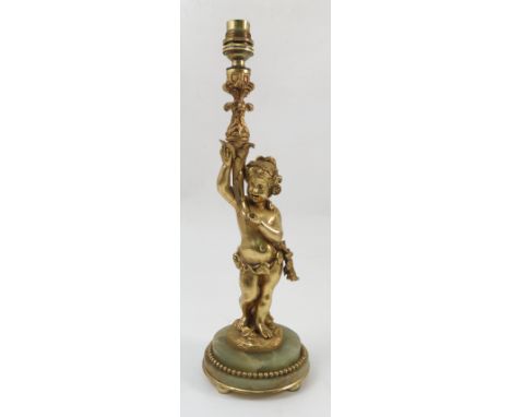 An ormulu table lamp, formed as putti holding a cornucopia, raised on a circular stepped beaded base, height 15.5ins