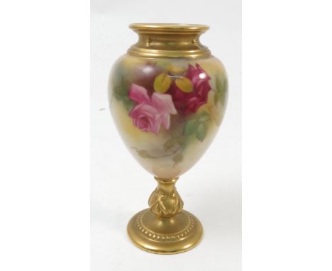 A Royal Worcester pedestal vase, decorated with roses by M Hunt, shape number 2260, dated 1925, height 5.75ins 