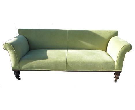 A 19th century sofa, with splayed arms, raised on turned legs, width 80ins 