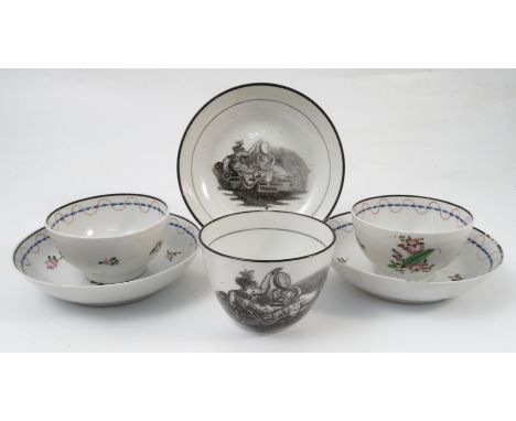 A collection of 19th century tea ware, to include two cups and a saucer printed in black and white with a woman and a child o