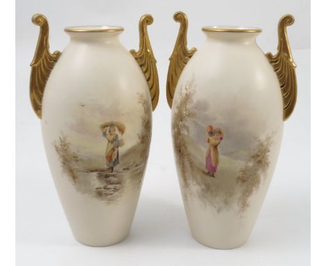 A pair of Graingers Worcester gilded ivory vases, of ovoid form, decorated with scenes of women with water carrier and wheats