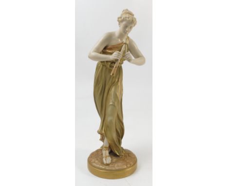 A Royal Worcester Hadley shot silk figure, of a female piper, model number 1828, dated 1925, af, height 13ins