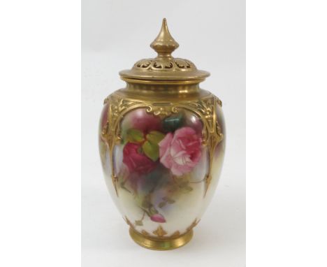 A Royal Worcester covered vase, the quarter lobed body decorated with red and pink roses, shape number H169, dated 1916, lid 