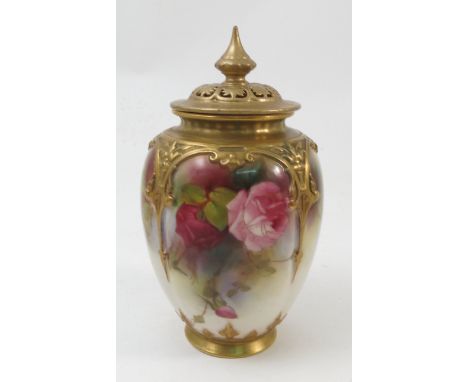 A Royal Worcester covered vase, the quarter lobed body decorated with red and pink roses, shape number H169, dated 1916, lid 