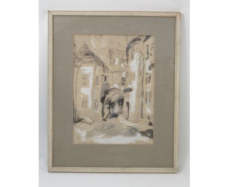 Joan Burlaw, pencil and watercolour, sketch of buildings, dated '96, 14ins x 10ins