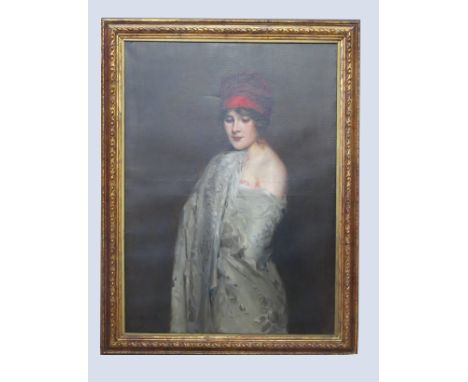 Gabriel Emile Nicolet, oil on canvas, portrait of a young lady wearing a red head scarf with draped pale green robes, 40ins x