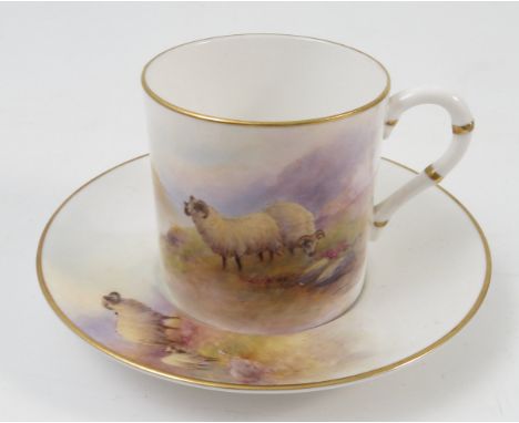 A Royal Worcester cup and saucer, the exterior of the cup and saucer decorated with sheep in a rocky outcrop, by H Davis, to 